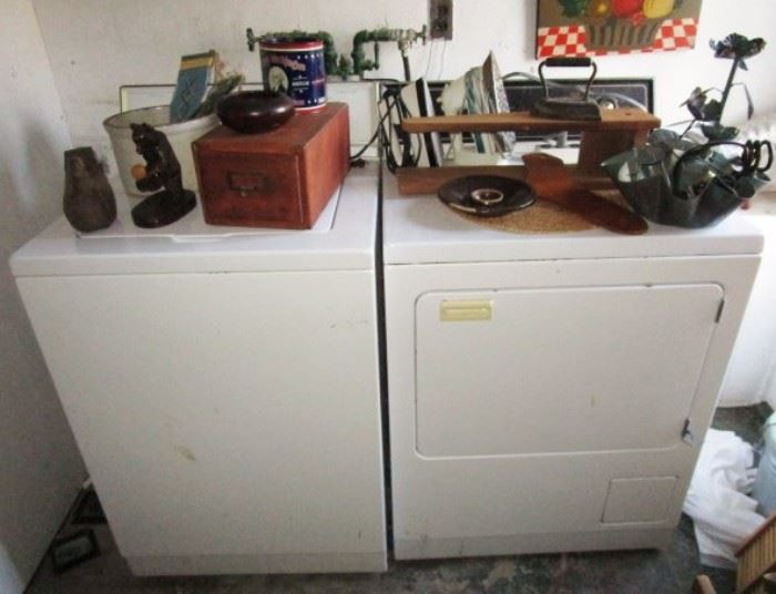 Washer & dryer, wooden card catalog box, carved wooden decor, cigar tin, sad iron, misc. vintage decor