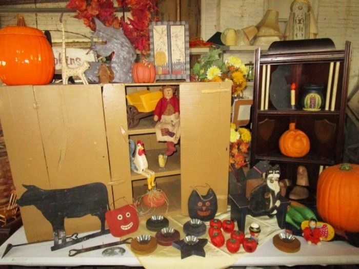 Primitive cupboard,  Halloween decor, corner shelf