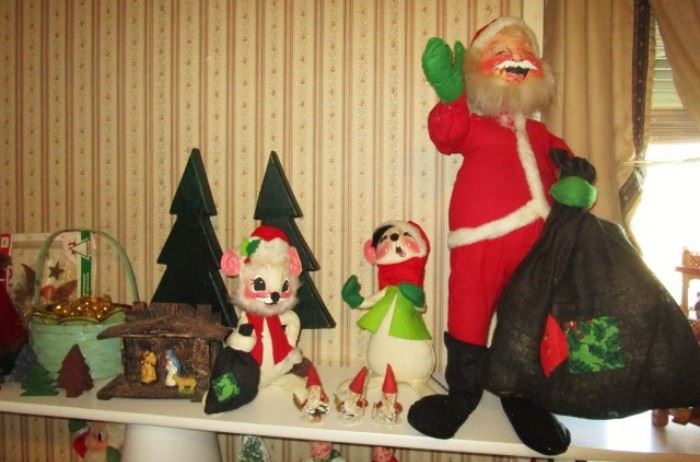 Large Annalee Santa and Annalee mice, misc. vintage Christmas decor