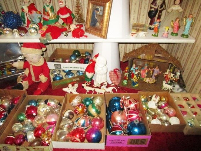Vintage Christmas decorations, many glass Christmas mercury glass/glass balls