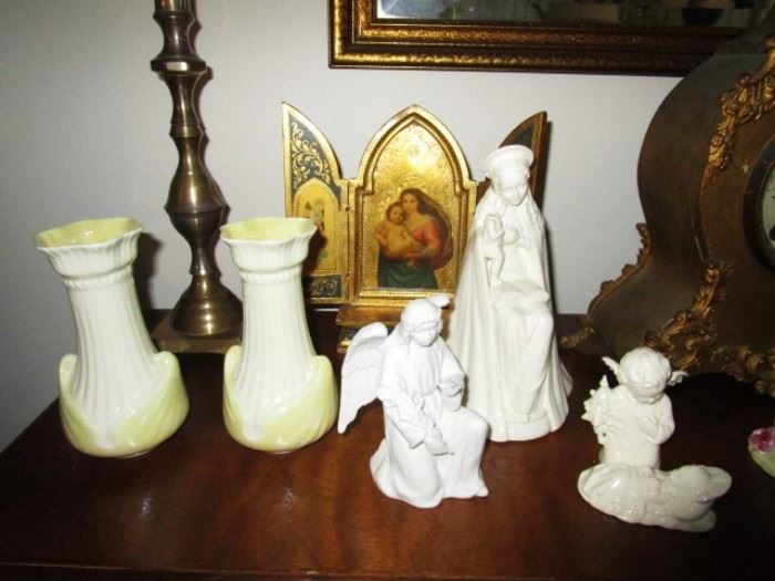 Belleek vases, porcelain figurines