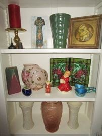 Green Bauer, CA art pottery vase (top row), Green/mauve art glass vase, pink hand painted vase, Christmas figurines (middle), Lenox vases, pink glass vase (bottom row)