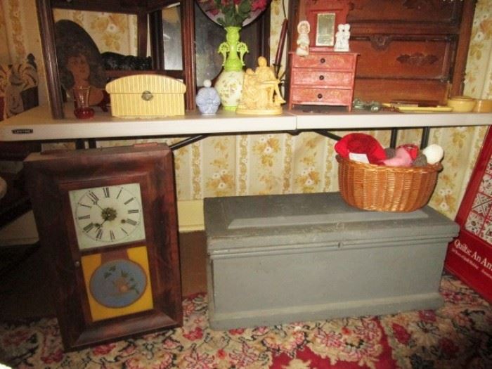 Antique mantle clock, primitive wooden chest, misc. antique/vintage decor