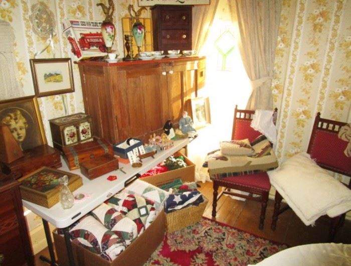 Primitive cabinet, antique & vintage decor, Antique chairs, quilts/linens