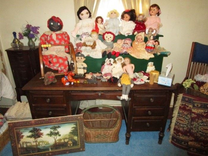 Doll collection, wicker basket, upright jewelry chest, artwork, area rugs