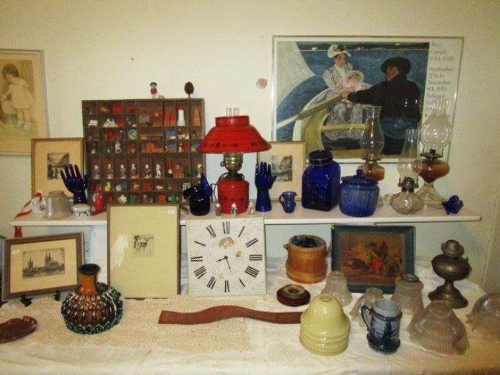 Vintage shadow box, miniatures, kerosene lamps, art work,  lamps, blue glass cookie jar, misc. blue glass