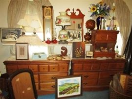 2 dressers, vintage lamps, night stand, mirrors,  misc. decor