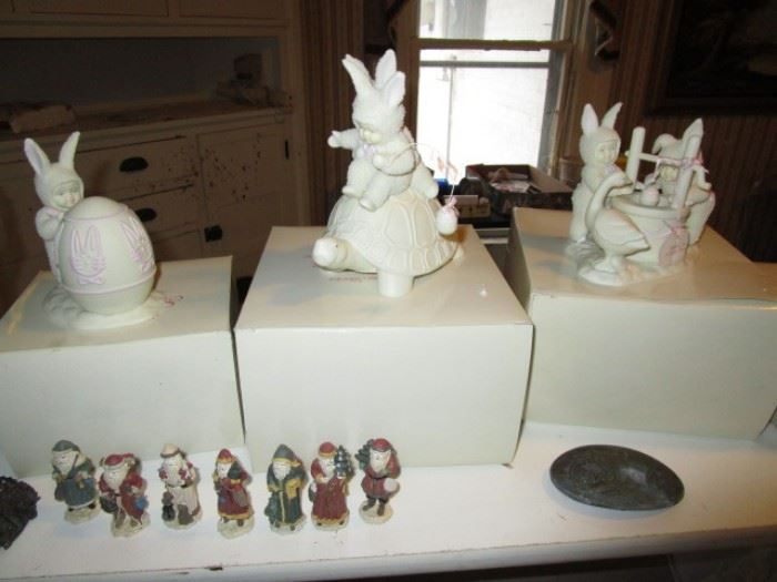 Dept 56 Snow Bunny ornaments, cast metal Santas