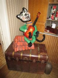 Vintage paper mache Cat on Roof (rough, needs some work, but a great display), antique trunk