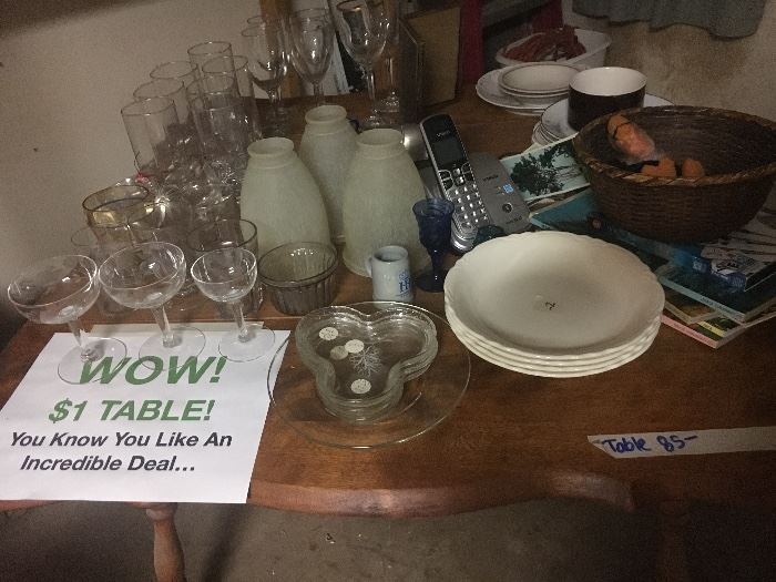 Dollar Tables! Glassware, Dinnerware, wineglasses, etc.