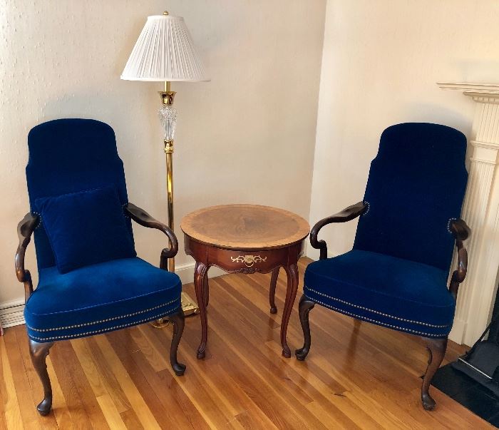 Pair; Ethan Allen  Queen Anne Library Chairs; Royal Blue Velvet and Nail Head Trim