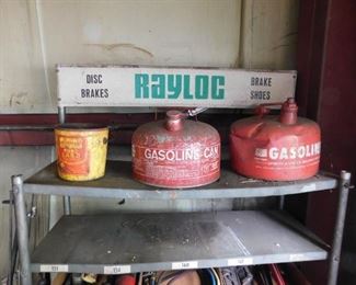 Metal Gasoline Cans/Vintage Rayloc Brake Shoe Display