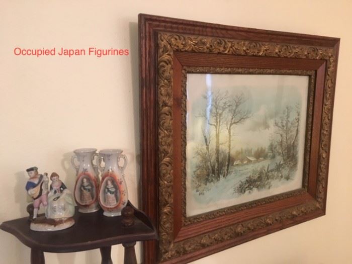 Antique framed watercolor and Occupied Japan figures