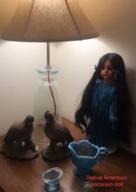 Blue Doll and pair ceramic quail