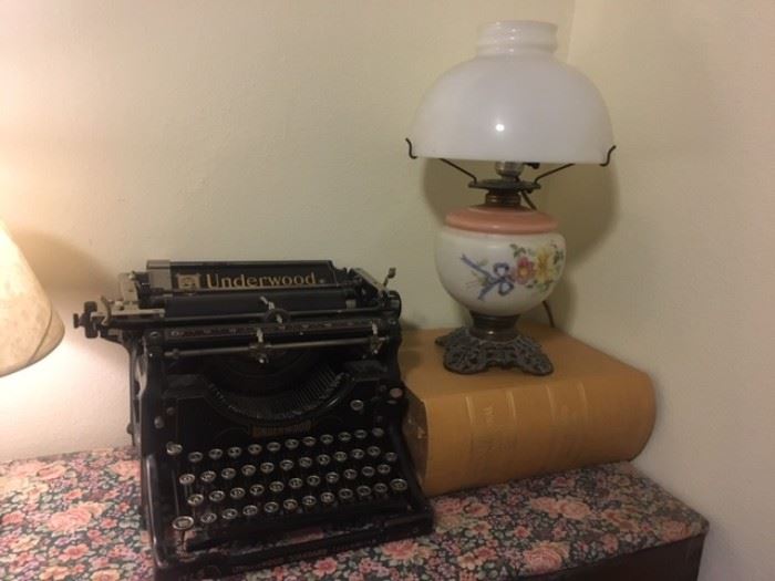 Hurricane Lamp and Underwood Typewriter (works!)