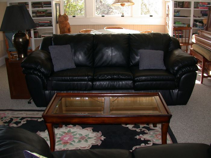 black leather sofa, coffee table