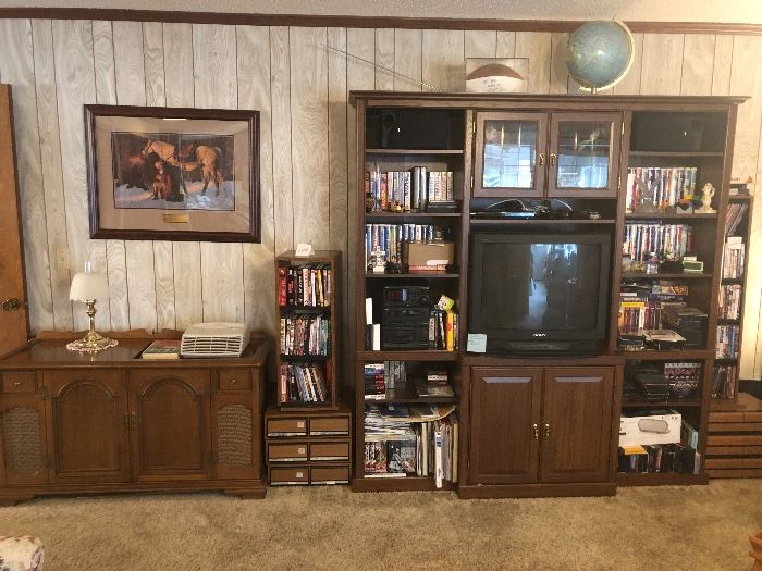 Wall unit, tv, lamps, movies, cds, vintage console record/radio 