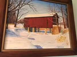 P.  BRENNAN COVERED BRIDGE OIL PAINTING