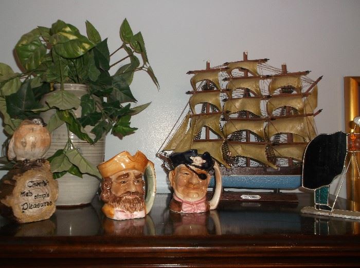 Clipper ship model and toby mugs