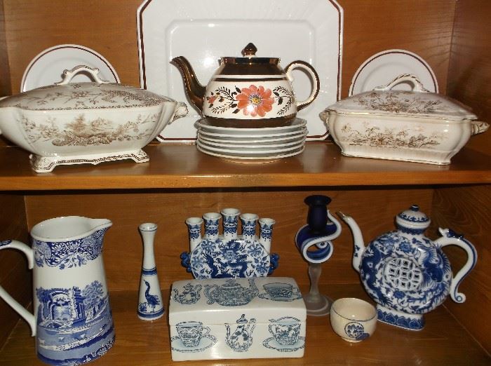 Blue and white transferware, ironstone tureens, and "Tea Leaf" ironstone by Meakin