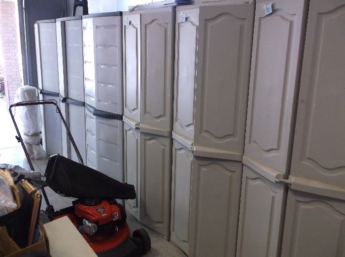 Storage cabinets and lawn mower