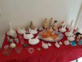 Here Chickie Chickie they are happy though setting near some fine Depression Glass!