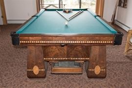 1928 Brunswick Billards Table, 3 6" Thick Slate Pieces-WIth Ball Return and Beautiful Wood Inlay