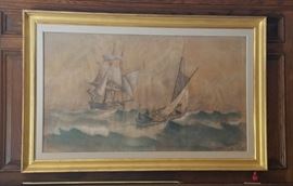 Early Dutch seascape watercolor. Christian Blache. 1873