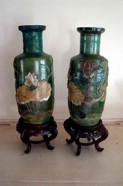Pair Chinese vases with raised decorations.