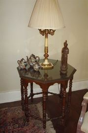 Vintage 1940's octagon table, table lamp, oriental tea set and oriental bronze figurine.
