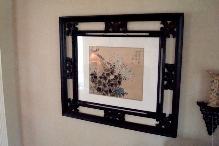 Vintage framed oriental painting on silk.
