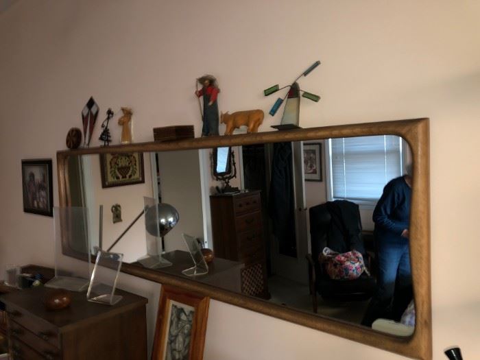 NICE MID-CENTURY MODERN MIRROR WITH COLLECTIBLES ON TOP FROM TRAVEL