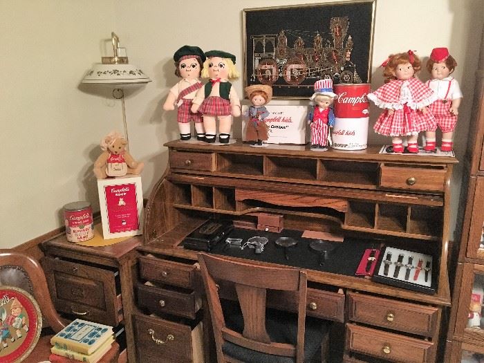 VINTAGE TOLE SWAG LAMP, ROLL TOP DESK, CAMPBELLS SOUP AND MORE