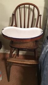 ANTIQUE HIGH CHAIR WITH ENAMEL TRAY