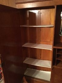ANTIQUE SECRETARY WARDROBE.  WARDROBE SIDE WAS CONVERTED TO SHELVES BUT CLOTHES HOOKS ARE WITH IT.