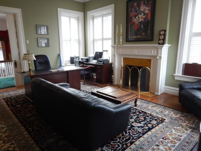 OFFICE LEATHER SOFAS, RUG, DESK, FILE CABINET, OFFICE EQUIPMENT, FIREPLACE SCREEN