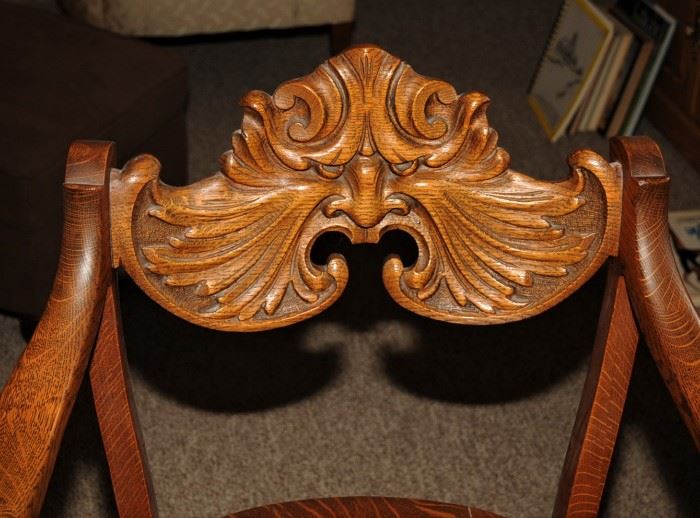 RARE: Quarter-sawn Oak Carved Man of the North Chair 
