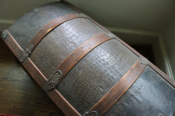 Antique Dome Steamer Faux Alligator Trunk