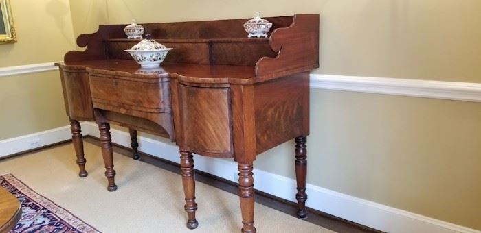 Rare esquisite Irish breakfront sideboard buffet with a raised three quarter gallery ending with scrolled design
About 72" x 44" tall