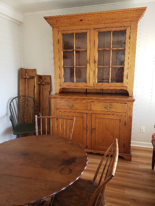 Antique wall cupboard with original glass, in 2 sections
