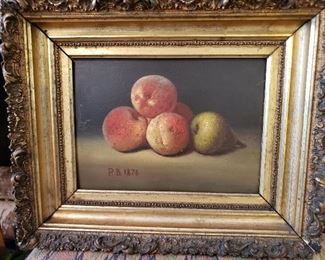 Peaches oil painting dated 1876