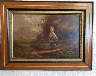 Antique oil painting of child on bridge