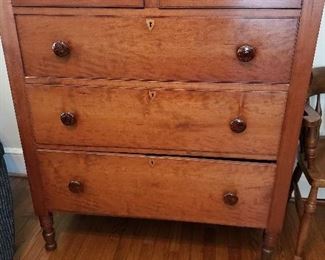 5 drawer highboy chest with Bennington glass knobs and inlaid escutcheons