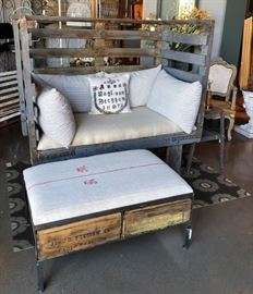 Factory Cart Sofa * Pillows made from Vintage Ticking 2 Crate Ottoman