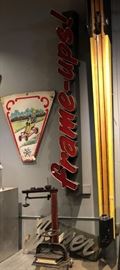 Salvaged Bowling Pieces from Winterset, Iowa       
Frame-up: Original Working Neon Sign,                               Ball Return  Bowling Bench and Projection Desk also available...