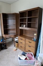 Ranch Oak corner desk/bookcases, chest with upper shelving