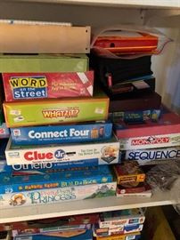 Word on the Street, Whazit Junior, Connect Four, Othello, Clue Jr, A Rubber Stamp build a book, The Pretty Pretty Princess game, Sequence, Monopoly