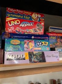 Fisher Price Scrambled Eggs, Uno Attack, Noodle Kidoodle, Little Mermaid My Size Puzzle, Fisher Price Go Fish