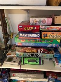 Game Boy, Sorry, Scene it, Carmen Sandiego, Cadoo, Mastermind, Racko, memory game, Ello Fairytopia, Magnetic Darts, Storybook Princess Pop up 3-D game, Quadular