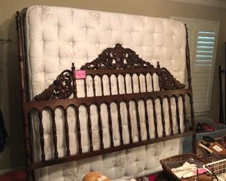 King carved headboard from Sante Fe New Mexico and nice King mattress/boxspring/frame